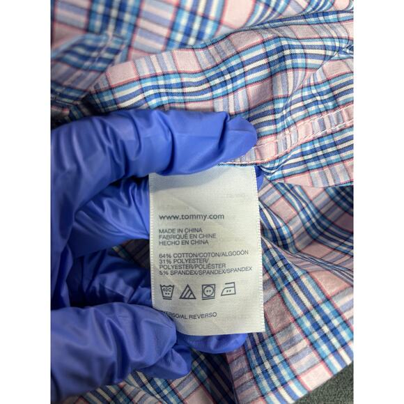 Boys, Tommy Hilfiger, pink and blue plaid long sleeve button-down shirt 10 - Picture 4 of 7